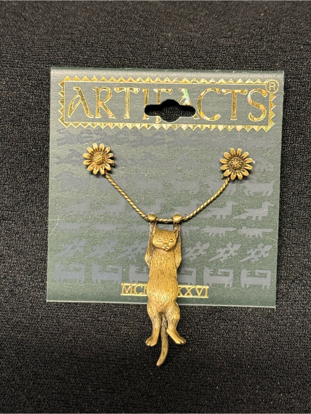 Pin brooch Artifacts Gold-Tone Hanging Cat w/sunflowers  signed. JJ Jonette